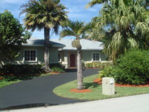 A suburban house with palm trees and a well-maintained driveway.