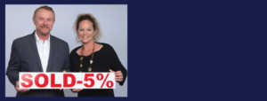 Smiling woman holding a sign with "5%" in red text.