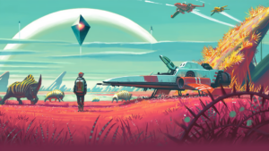 A lone explorer stands by a futuristic spaceship in a vibrant alien landscape.