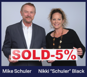 Two real estate agents holding a Sold-5% sign.