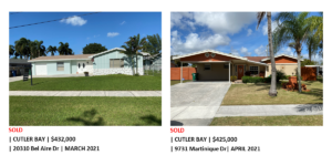 Two single-story homes for sale in suburban neighborhoods.