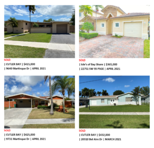 Four suburban houses with diverse designs and landscapes under blue skies.