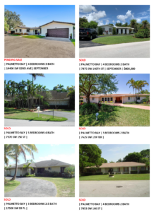 Six images of residential homes with lawns and driveways under clear skies.