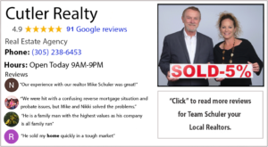 Real estate agent advertisement with positive client review and contact details.