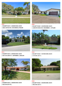 Six images of different single-family homes with driveways and lawns.