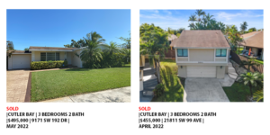 Two side-by-side images of houses with palm trees and clear skies.