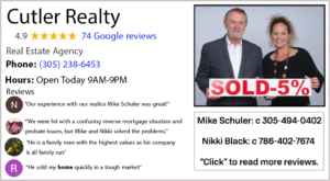 Real estate agent Mike Schuler with sold property sign and customer praise.