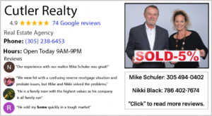 Realty ad featuring Mike Schuler with a sold sign and positive review.
