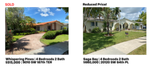 Side-by-side images of two homes for sale highlighting price and features.