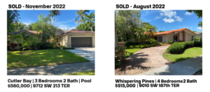 Two homes for sale in Florida with prices and features listed.
