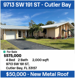 Single-story home for sale in Cutler Bay with new metal roof.