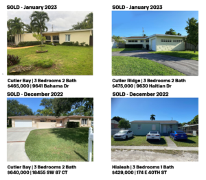 Before and after photos of two sold homes in 2023 showing exterior improvements.