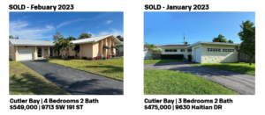 Two suburban homes with lawns, listed for sale in January.