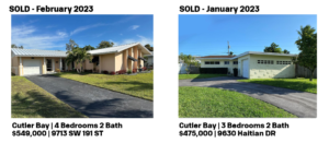 Two single-story homes with lawns, listed for sale in January 2023.