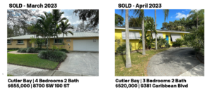 Two yellow houses with palm trees and well-maintained yards under blue skies.