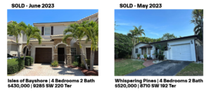 Two homes for sale with photos and prices, one in Palm Beach and one in Whispering Pines.