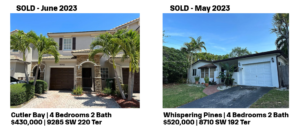 Two homes for sale: a 3-bed, 2-bath in Miramar and a 2-bed, 1-bath in Whispering Pines.