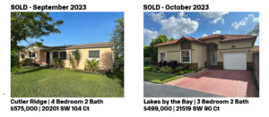 Two single-story homes for sale in sunny Florida neighborhoods.